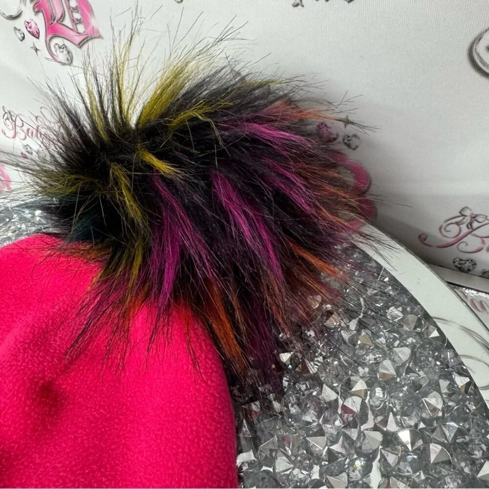 Screamer hat toque beanie Pom Pom multicolor fluff ball pink fleece winter hat